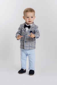 LaFerio Vito Taufanzug. Karierter Blazer + blaue Hose + Body Hemd + Fliege